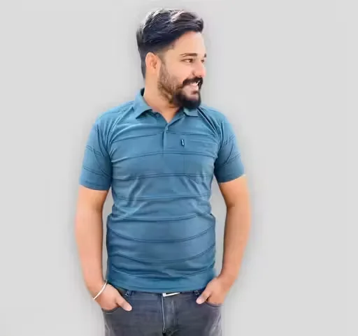Sky Blue Striped Cotton Collar T-Shirt with Pocket | Men Summer Casual Wear | M Size image 1