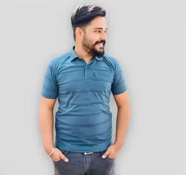 Sky Blue Striped Cotton Collar T-Shirt with Pocket | Men Casual Daily Wear XL | Summer Soft T-Shirt | XL Size thumbnail 0
