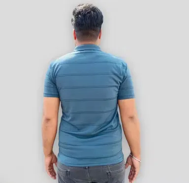 Sky Blue Striped Cotton Collar T-Shirt with Pocket | Men Casual Daily Wear XL | Summer Soft T-Shirt | XL Size thumbnail 1
