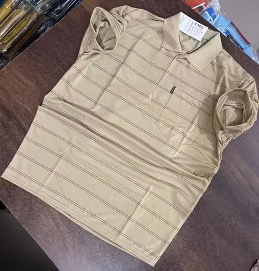 Beige Striped Collared T Shirt with Pocket | Cotton Blend Men’s T Shirt | M Size image 2