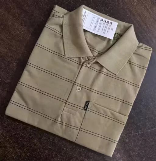 Striped Beige Collared T Shirt for Men | Comfortable Cotton | XL Size image 1