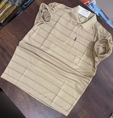 Striped Beige Collared T Shirt for Men | Comfortable Cotton | XL Size thumbnail 1