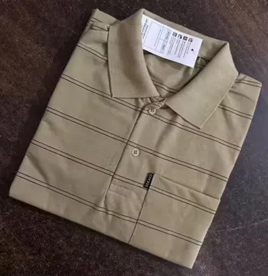 Beige Striped Collared T Shirt with Pocket | Cotton Blend Men’s T Shirt | XXL Size thumbnail 0
