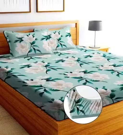 Fitted King Size Double Bedsheet | 2 Pillow Covers | Floral Cotton Bedding Set for 8 Inch Mattress image 1