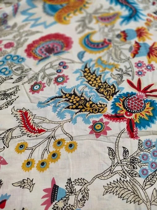 Printed Cotton Dress Material | Jaipuri Hand Block Natural Cotton Fabric 2.5 Meter Kurti Material Cream 44 Inches Width Running Cloth for Women image 2