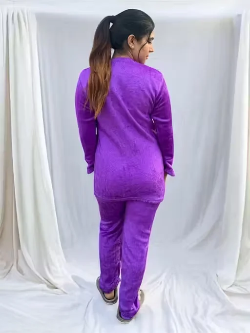 Purple Winter Women Nightsuit Set | Wool Top & Patiala Pants | Cozy & Warm | L Size image 2