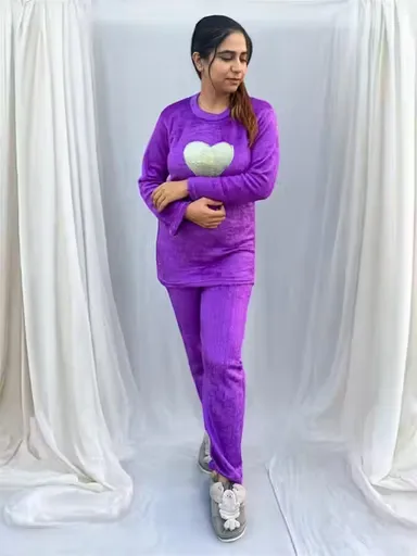 Purple Winter Women Nightsuit | Wool Patiala Pants Set  | Warm & Cozy | XL Size