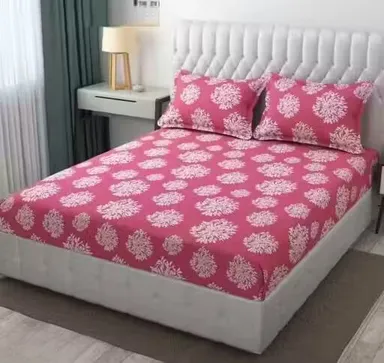 Pink Cotton Elastic Fitted Bedsheets | Double Bed with 2 King Size Pillow Covers