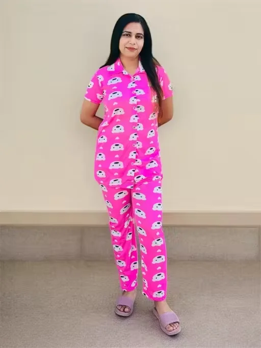 Panda Print Summer Collar Nightsuit For Women | Cute Cotton Print Sleepwear | S Size image 1
