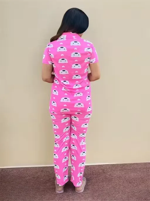 Panda Print Summer Collar Nightsuit For Women | Cute Cotton Print Sleepwear | S Size image 2