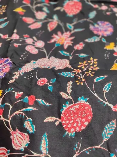 Jaipuri Hand Block Printed Cotton Dress Material | Natural Running Fabric 5 Meter Black, 44 Inches Width for Kurtis, Women Clothing Fabric thumbnail 1