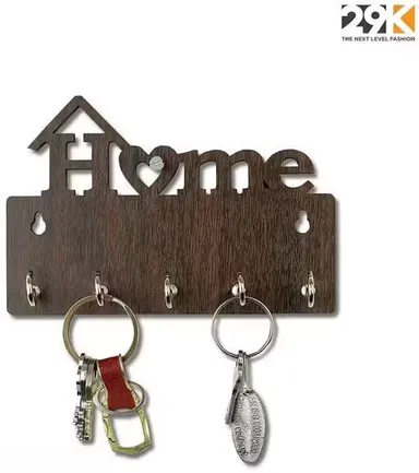 Wooden Key Holder for Wall | Decorative Key Organizer with 6 Hooks | Entryway Kitchen and Office Use | Brown Wall Mounted Key Rack | Compact Storage thumbnail 2