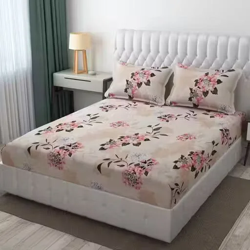 Beige Floral King Size Fitted Bedsheet | Soft Glace Cotton with Pillow Covers image 1