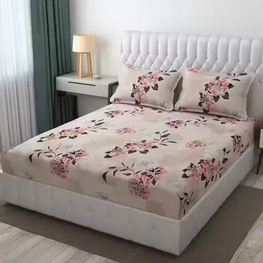 Beige Floral King Size Fitted Bedsheet | Soft Glace Cotton with Pillow Covers