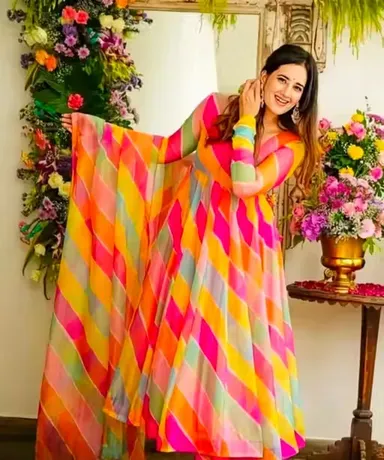 Women’s Poly Georgette Kurti with Striped Net Pattern |Long Sleeves|Size S|Ethnic Wear|Comfortable Fit| Stylish Design for Casual & Party Use|Multiple Sizes Available thumbnail 2