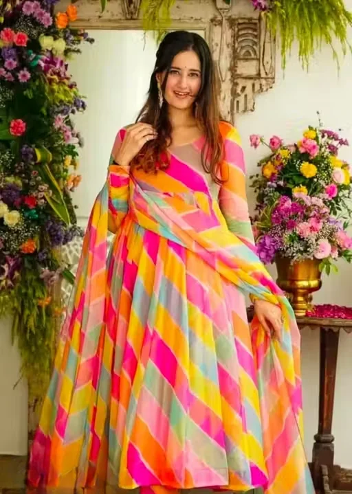 Lariya 22|Women’s Ethnic Poly Georgette Kurti with Stylish Striped Net Sleeves|Long Sleeve Design|Size L|Lightweight Comfortable Fit for Festive & Casual Wear|Multiple Sizes Available image 2