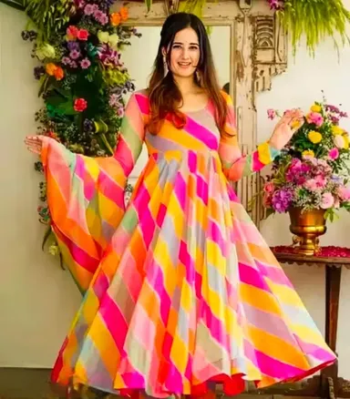 Lariya 22|Women’s Ethnic Poly Georgette Kurti with Stylish Striped Net Sleeves|Long Sleeve Design|Size L|Lightweight Comfortable Fit for Festive & Casual Wear|Multiple Sizes Available thumbnail 3