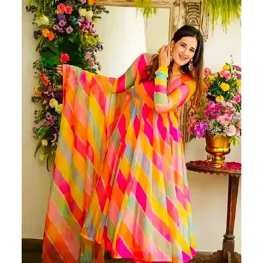 Lariya 22 Kurti|Poly Georgette Fabric|Striped Net Long Sleeves|Size XL Comfortable Fit |Stylish Ethnic Wear for Women|Lightweight Breathable Party & Casual Wear thumbnail 1