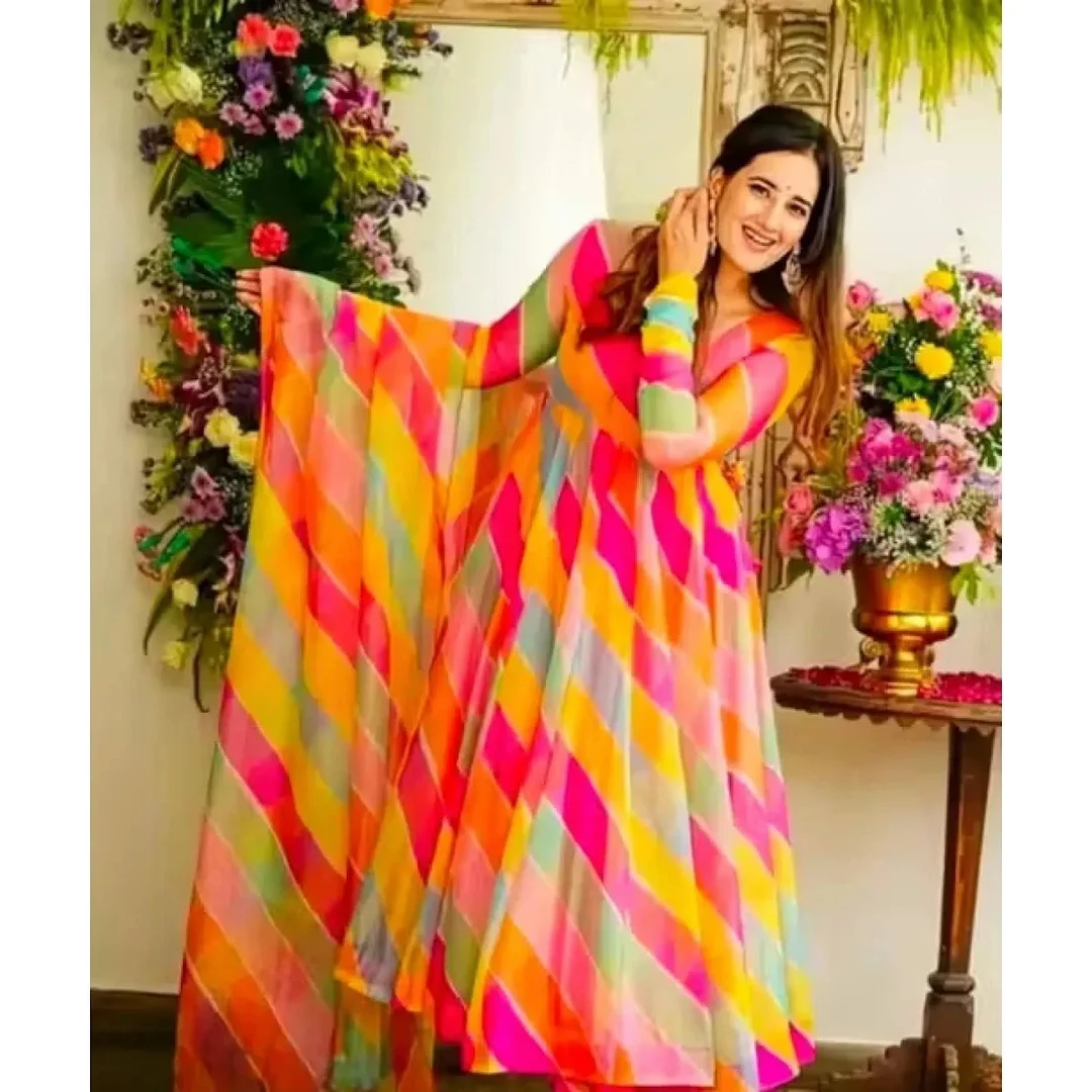 Lariya 22 Poly Georgette Kurti|Striped Net Sleeves|Long Sleeve|Plus Size XXL|Lightweight & Breathable Ethnic Wear for Women|Casual & Festive Wear image 2