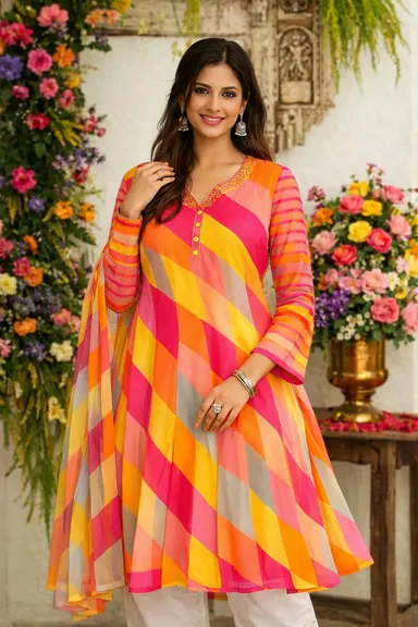 Lariya 22 Poly Georgette Kurti|Striped Net Sleeves|Long Sleeve|Plus Size XXL|Lightweight & Breathable Ethnic Wear for Women|Casual & Festive Wear thumbnail 0