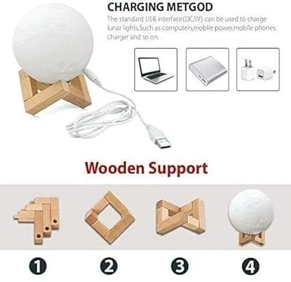 3D Moon Night Light| LED Lunar Lamp with Wooden Base| Table Lamp for Home Decor image 3