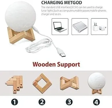 3D Moon Night Light| LED Lunar Lamp with Wooden Base| Table Lamp for Home Decor thumbnail 2