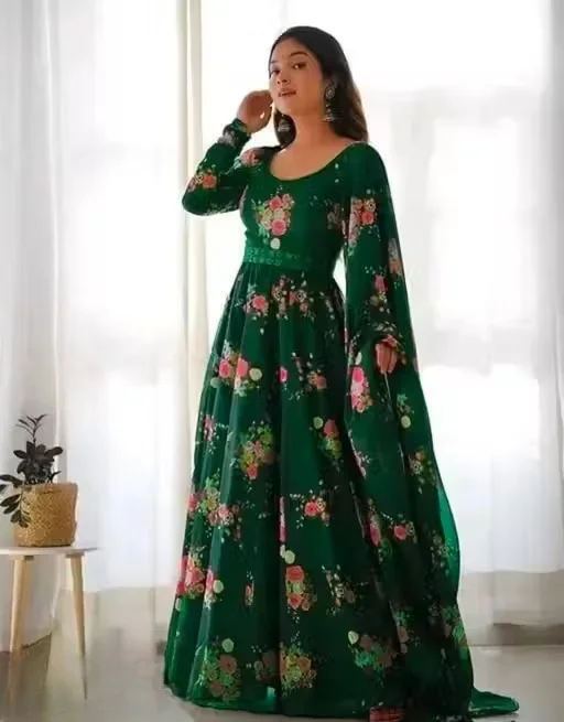 Elegant Printed Green Poly Georgette | Long Sleeve Party Wear Gown with Dupatta for Women | Sizes M | Festive Dress image 2