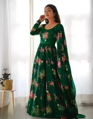 Elegant Printed Green Poly Georgette | Long Sleeve Party Wear Gown with Dupatta for Women | Sizes M | Festive Dress thumbnail 1