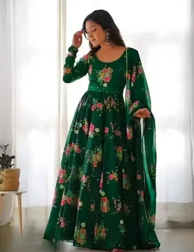 Elegant Printed Green Poly Georgette | Long Sleeve Party Wear Gown with Dupatta for Women | Sizes M | Festive Dress thumbnail 2