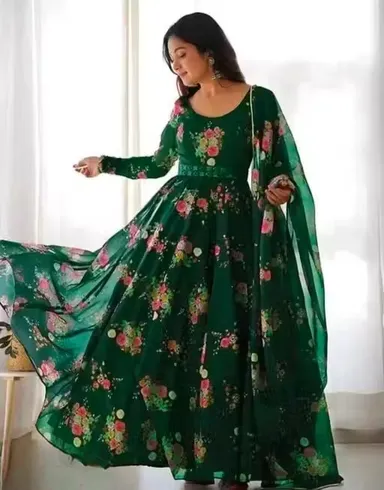Elegant Printed Green Poly Georgette | Long Sleeve Party Wear Gown with Dupatta for Women | Sizes M | Festive Dress thumbnail 0