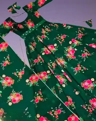 Elegant Printed Green Poly Georgette | Long Sleeve Party Wear Gown with Dupatta for Women | Sizes M | Festive Dress thumbnail 3