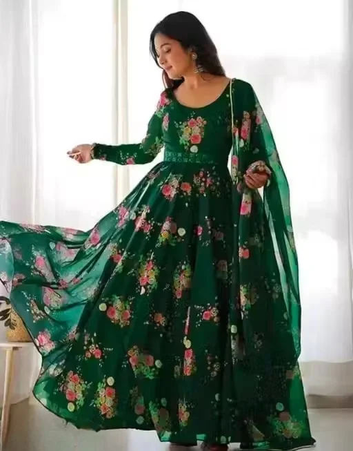 Elegant Printed Green Poly Georgette | Long Sleeve Party Wear Gown with Dupatta for Women | Sizes L | Festive Dress image 1