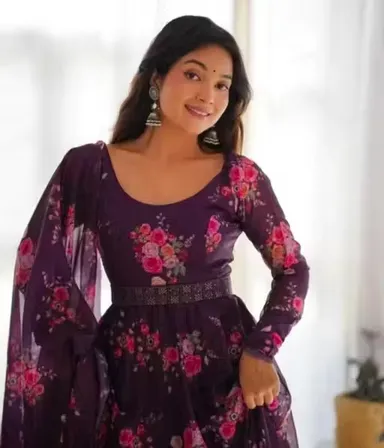 Elegant Wine Flower Printed Poly Georgette | Long Sleeve Floral Dress for Women’s Casual and Festive Wear | Sizes L thumbnail 1