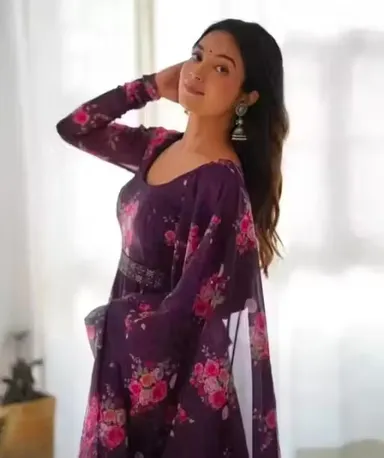 Elegant Wine Flower Printed Poly Georgette | Long Sleeve Floral Dress for Women’s Casual and Festive Wear | Sizes L thumbnail 2