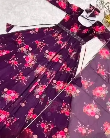 Elegant Wine Flower Printed Poly Georgette | Long Sleeve Floral Dress for Women’s Casual and Festive Wear | Sizes L thumbnail 3
