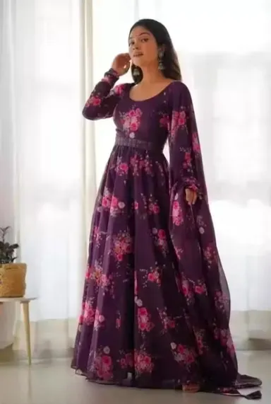 Elegant Wine Flower Printed Poly Georgette | Long Sleeve Floral Dress for Women’s Casual and Festive Wear | Sizes L thumbnail 0