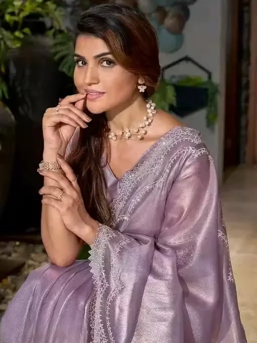 Light Pink Nylon Saree for Women with Swarovski Crystal Work | Premium Nylon Silk Saree with Cut Work Border | Party Wear & Festive Saree image 4