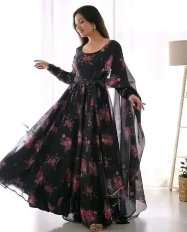 Elegant Printed Black Poly Georgette | Long Sleeve Party Wear Gown with Dupatta for Women | Sizes M | Festive Dress thumbnail 2