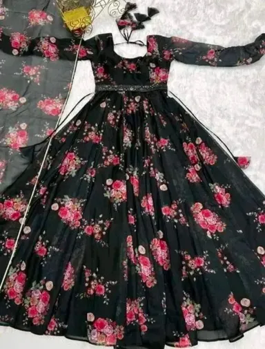 Elegant Printed Black Poly Georgette | Long Sleeve Party Wear Gown with Dupatta for Women | Sizes M | Festive Dress thumbnail 3