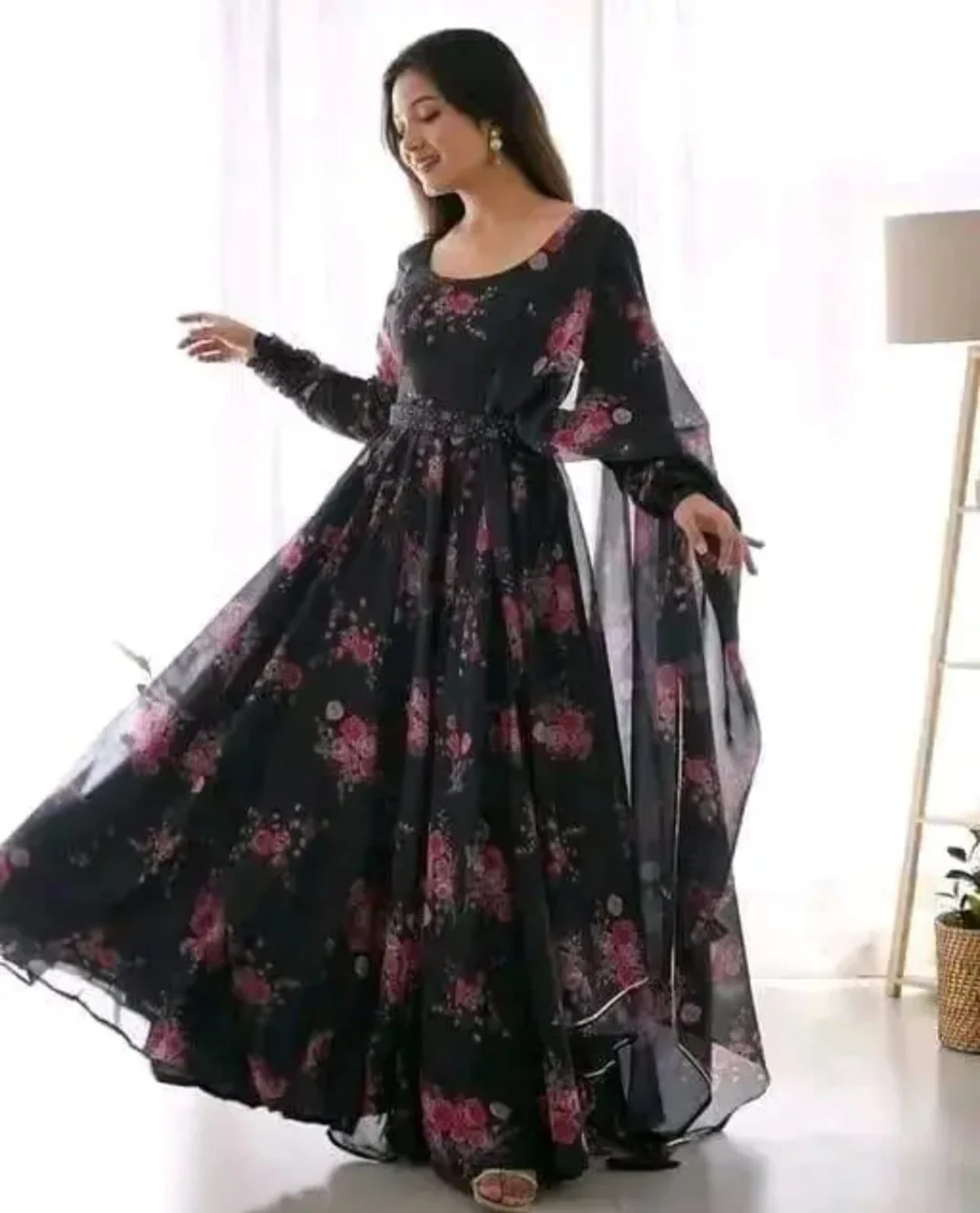 Elegant Printed Black Poly Georgette | Long Sleeve Party Wear Gown with Dupatta for Women | Sizes XL | Festive Dress image 3