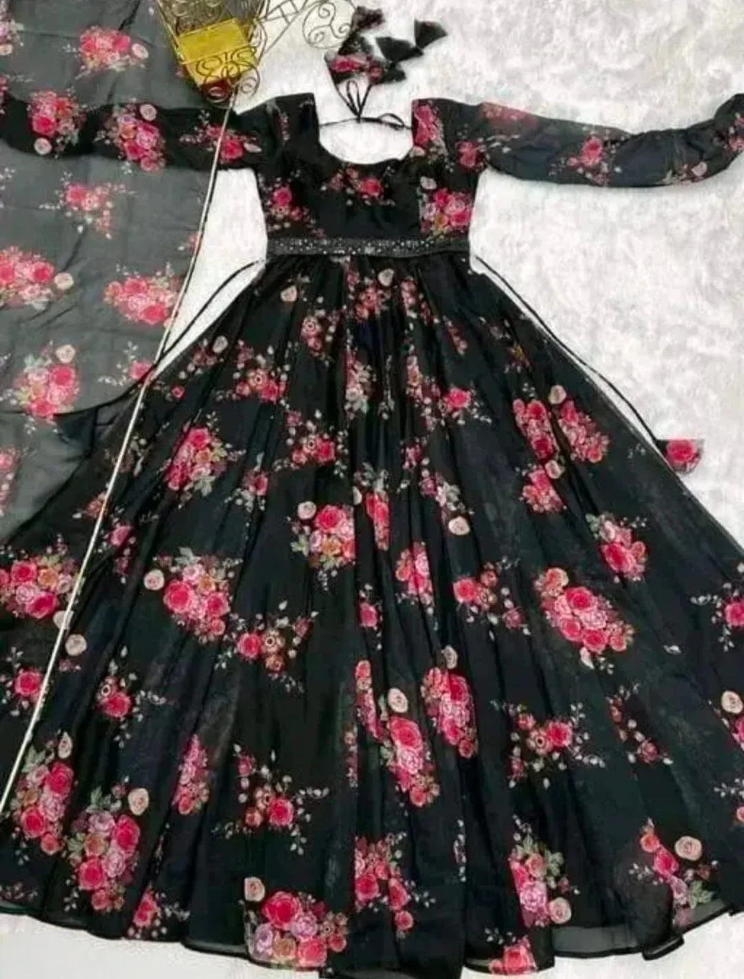 Elegant Printed Black Poly Georgette | Long Sleeve Party Wear Gown with Dupatta for Women | Sizes XXL | Festive Dress image 4