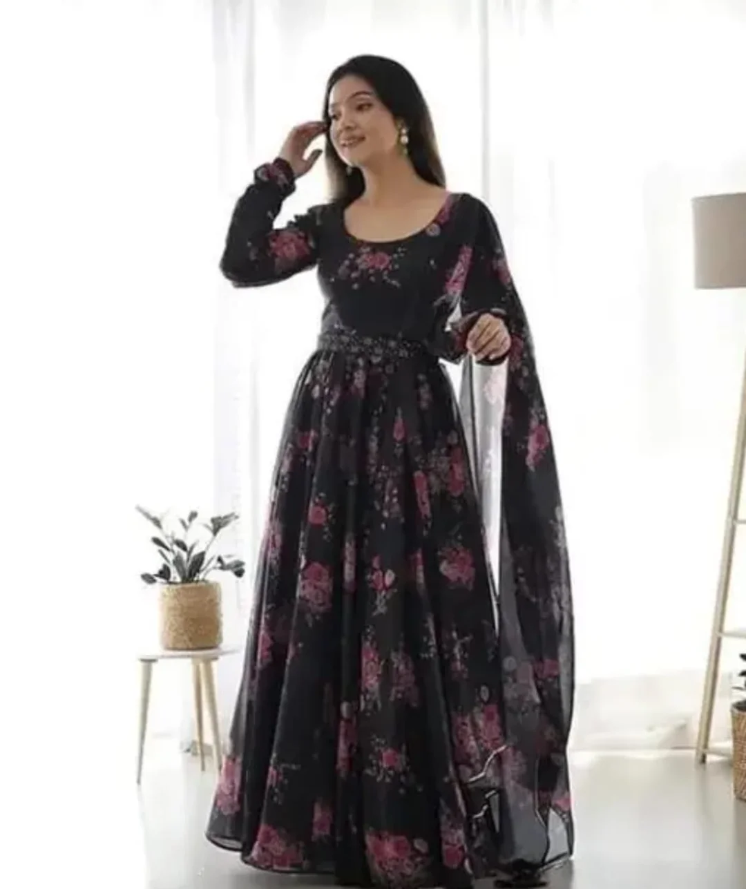 Elegant Printed Black Poly Georgette | Long Sleeve Party Wear Gown with Dupatta for Women | Sizes XXL | Festive Dress image 2