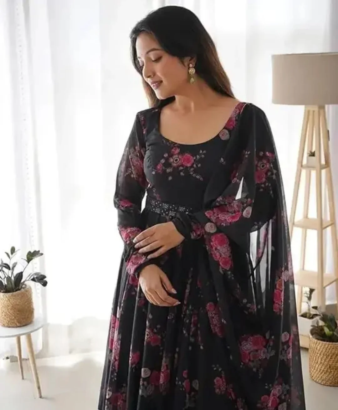 Elegant Printed Black Poly Georgette | Long Sleeve Party Wear Gown with Dupatta for Women | Sizes XXL | Festive Dress image 1