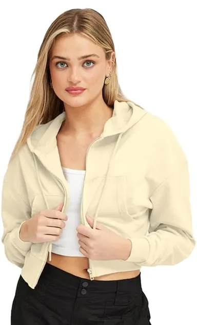 Talitha Women’s Fleece Crop Zip Hoodie with Hood | Beige | Size S thumbnail 0