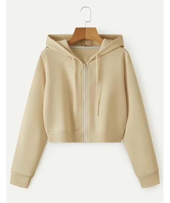 Talitha Women’s Fleece Crop Zip Hoodie with Hood | Beige | Size S image 3