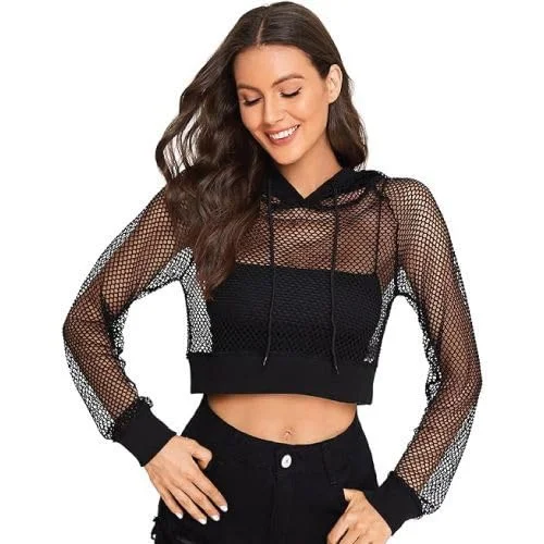 Talitha Fashion Women's Mesh Fishnet Crop Hoodie | Trendy Black See-Through Summer Top | Size M image 1