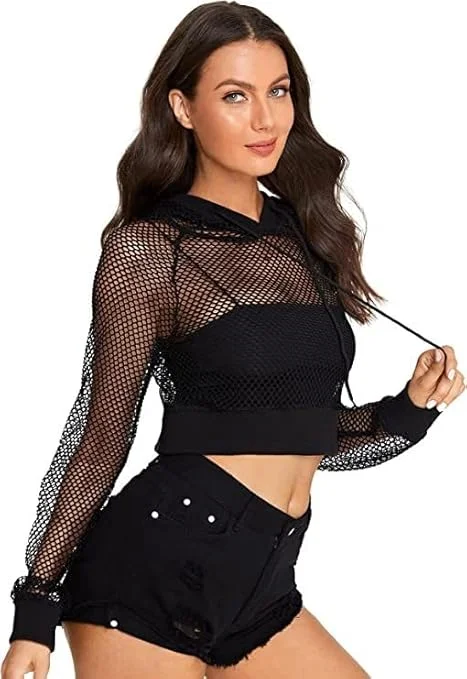Talitha Fashion Women's Mesh Fishnet Crop Hoodie | Trendy Black See-Through Summer Top | Size M image 3