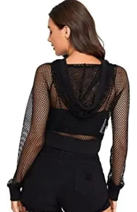Talitha Fashion Women's Mesh Fishnet Crop Hoodie |Trendy Summer Top for Casual Wear |Black | Size xl image 2
