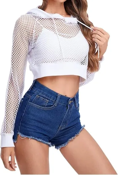 Talitha Fashion Women's Mesh Fishnet Crop Hoodie | Trendy See-Through White Pullover for Casual Summer Wear |Size M thumbnail 0