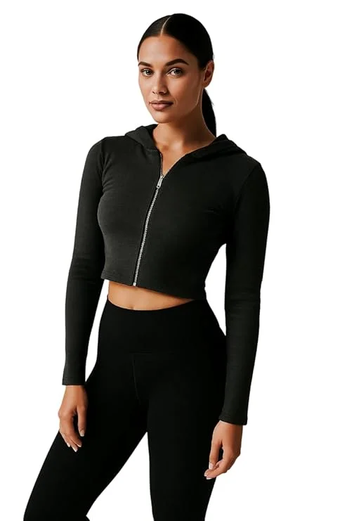 Talitha Fashion Women's Cropped Zip-Up Hoodie | Cotton Blend | Long Sleeve Regular Fit | Black | S image 2